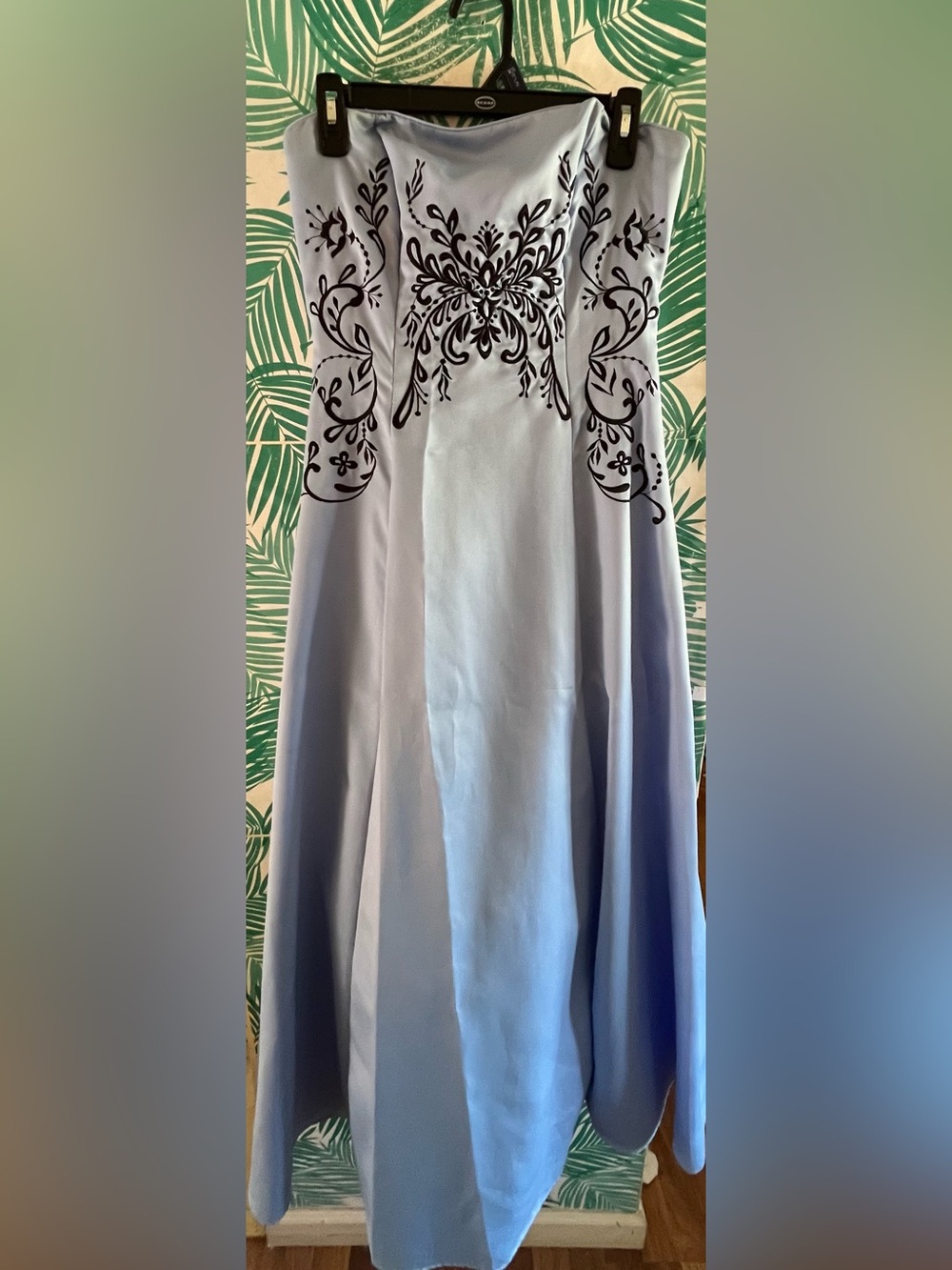 Kiki Vintage Y2K Light Ice Blue Satin Strapless Dress w/ Black Velvet scrollwork